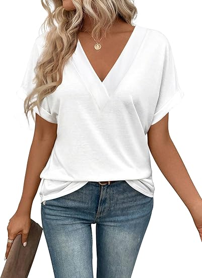 T Shirts Short Sleeve V Neck Tees Womens Tops Beach Vacation Fashion Clothes 2025 Casual Summer Spring Fall Outfits